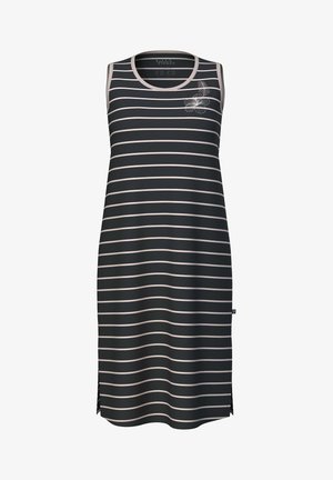 Ärmelloses Kleid in dunklem Marineblau mit horizontalen hellgrauen Streifen. Verfügt über ein florales Motiv auf der Brust und seitliche Schlitzöffnungen für Bewegungsfreiheit.