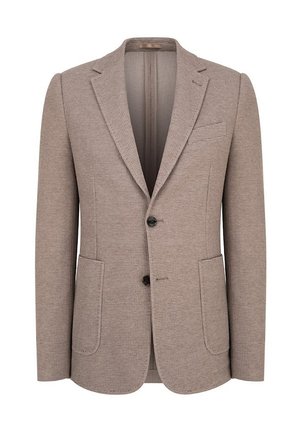 Brązowy żakiet w wzór hounds-tooth z klapami wyciętymi w szpic, dwoma guzikami i czterema kieszeniami, wykonany z teksturowanej tkaniny.