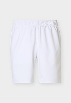 Fehér, térdig érő rövidnadrág elasztikus derékpánttal és oldalzsebekkel, könnyű anyagból készült.