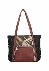 Sac fourre-tout noir et marron avec des accents texturés, muni d'une bordure bordeaux et de motifs géométriques, incluant une poche frontale zippée.