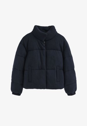 Navy blue puffer jacket with a high collar, horizontal quilted design, zip closure, and two side pockets with elasticated cuffs.