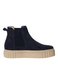 Bottine Chelsea en daim bleu marine avec panneaux latéraux élastiques, languette au talon et semelle épaisse en caoutchouc beige avec bande de roulement striée.