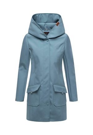 Cappotto impermeabile azzurro chiaro con un ampio cappuccio, chiusura a bottoni e due tasche frontali. Texture liscia con un sottile dettaglio del logo.
