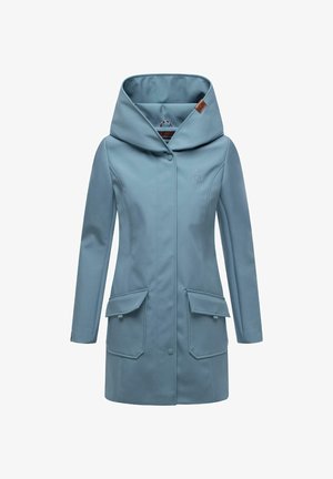 Helles blaues wasserdichtes Jacket mit großer Kapuze, Knopfverschluss und zwei Fronttaschen. Glatte Textur mit einem dezenten Logodetail.