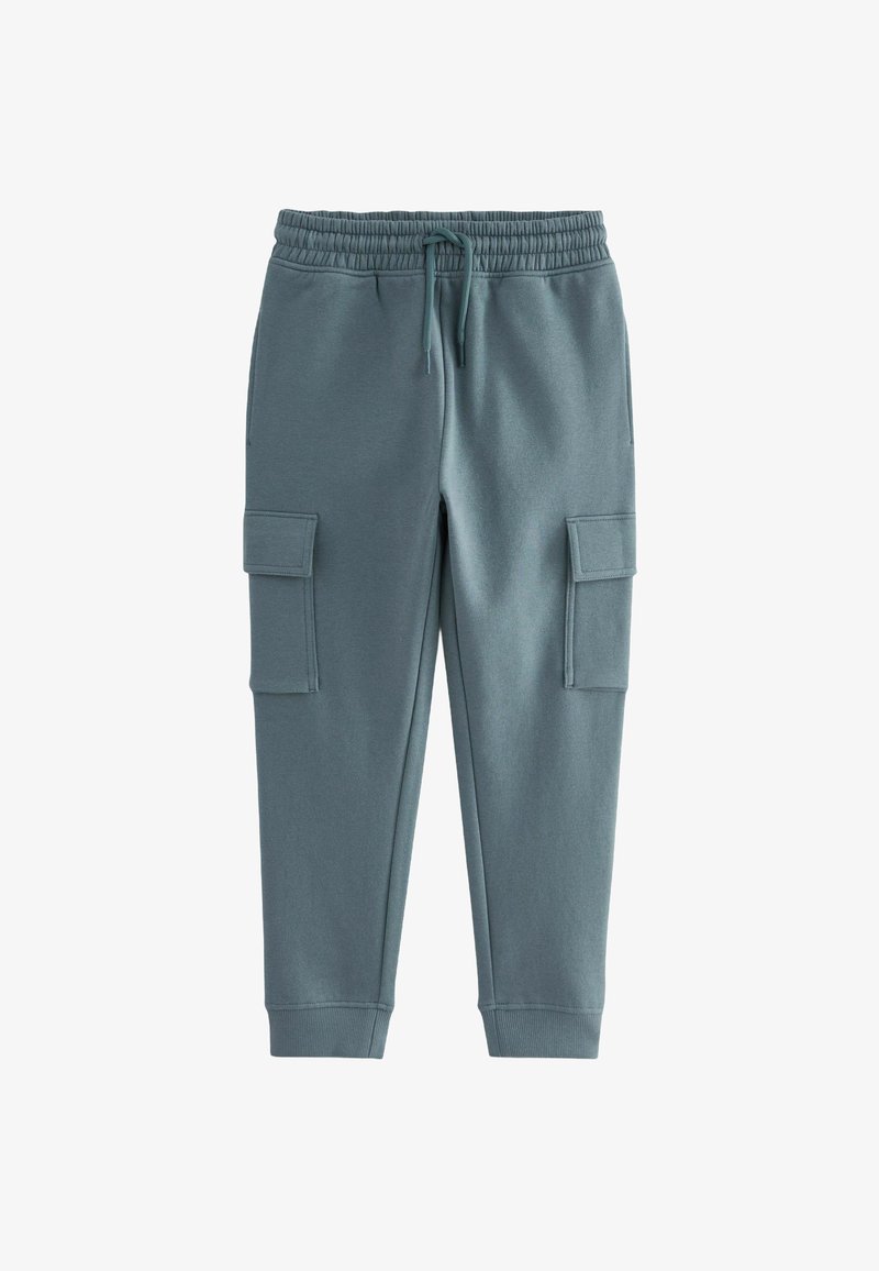 Grüne Sweatpants mit einem Kordelzugbund, elastischen Bündchen und zwei seitlichen Cargo-Taschen. Hergestellt aus weichem, strukturiertem Stoff für zusätzlichen Komfort.