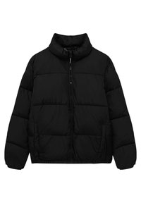 Veste matelassée noire avec fermeture éclair à l'avant, col montant et poignets élastiques. Coupe carrée avec deux poches latérales. Tissu lisse et texturé.