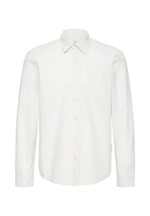 Men’s long-sleeve button-up shirt with white and light gray vertical stripes and a chest pocket, shown flat on a white background.