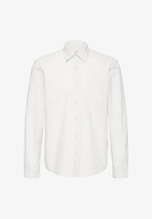 Men’s long-sleeve button-up shirt with white and light gray vertical stripes and a chest pocket, shown flat on a white background.