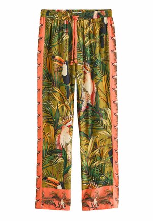 Pantaloni con un design tropicale caratterizzato da tucani e cacatua. Realizzati in tessuto leggero, con dettagli verde e corallo, vita elastica con cordino.