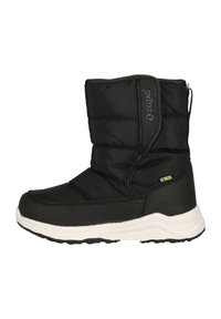 Schwarzer isolierter Winterstiefel mit gepolstertem Schaft, weißer Sohle und wasserdichten Details. Verfügt über ein Zickzack-Logo an der Seite.