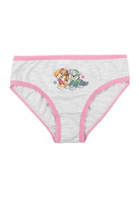 Mutandine di cotone grigio con rifiniture rosa, raffiguranti due cani in stile cartone animato. Il materiale è morbido con una texture liscia.