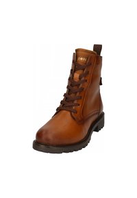 Bottine en cuir marron à bout rond, design à lacets, surface texturée et languette. Présente une semelle en caoutchouc sombre contrastante.