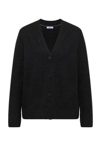 Černý cardigan s výstřihem do V, dlouhými rukávy a čtyřmi knoflíky. Vyroben z jemně texturované tkaniny, s vroubkovanými manžetami a lemem.