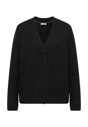 Cardigan noir avec décolleté en V, manches longues et quatre boutons. Fabriqué en tissu à texture fine, avec des poignets et un ourlet côtelés.