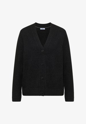 Zwarte cardigan met een V-hals, lange mouwen en vier knopen. Gemaakt van een fijn geweven stof, met ribgebreide manchetten en onderrand.