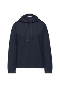 Sweat à capuche à manches longues texturé de couleur bleu marine foncé avec cordons de serrage et coupe décontractée, présenté sur un fond blanc.