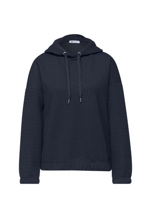 Sweat à capuche à manches longues texturé de couleur bleu marine foncé avec cordons de serrage et coupe décontractée, présenté sur un fond blanc.
