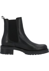 Botas Chelsea de cuero negro con lados elásticos, paneles texturizados y una suela de goma gruesa. Presentan una tira en la parte trasera para ponerlas y quitarlas fácilmente.
