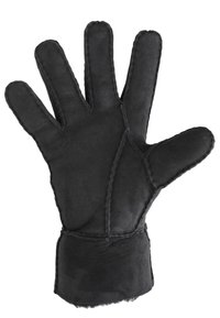 Juodos suede žieminės pirštinės su matomomis siūlėmis ir kailiniu apvadu, parodytos atviros, delnu pasvirusios į priekį.