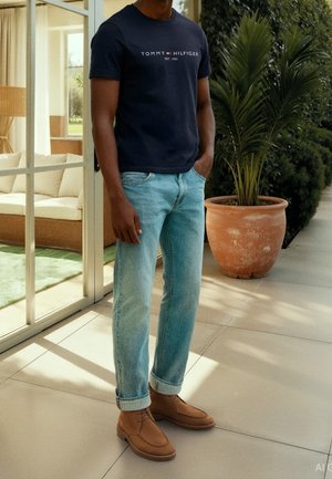 Mann trägt ein dunkelblaues Tommy Hilfiger T-Shirt, hellblaue hochgekrempelte Jeans und braune Schnürschuhe, steht drinnen in der Nähe einer großen Pflanze und Glastüren.