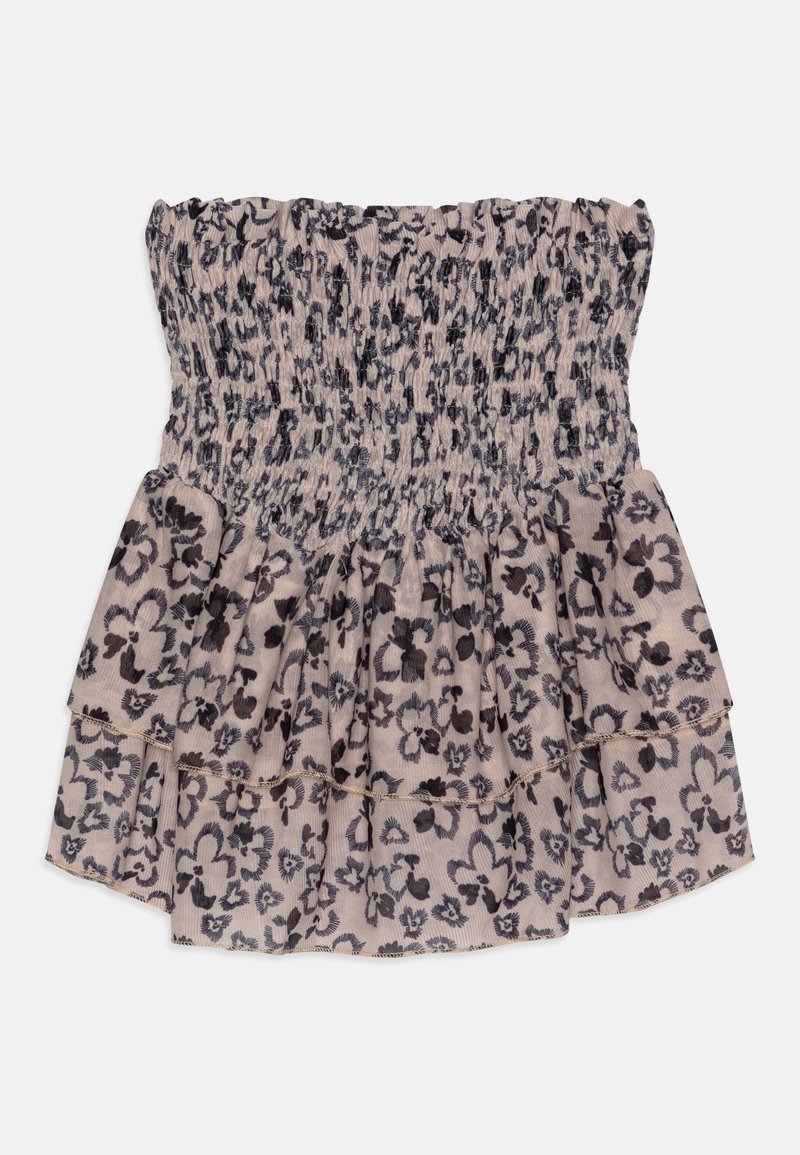 Haut bustier à smocks beige et noir à motif floral avec ourlet volanté en couches sur fond blanc.