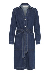Denim haljina s gumbima sprijeda, ovratnikom, dugim rukavima i vezanjem u struku. Tamnoplave boje, s dva prednja džepa i kontrastnim šavovima.