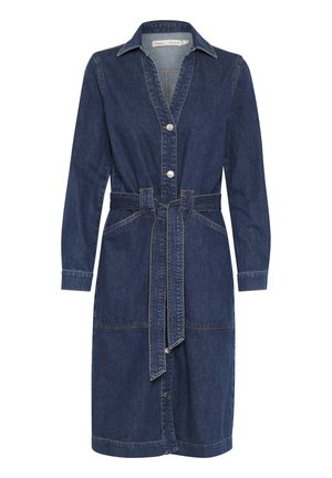 Džínová šaty s gombíkovým zapínaním vpredu, golierom, dlhými rukávmi a opaskom v páse. Tmavomodrá farba, dve predné vrecká a kontrastné švy.