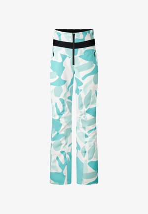 Skibroek in een blauw en wit camouflagepatroon. Gemaakt van glad, waterafstotend materiaal. Voorzien van een hoge taille en een verstelbare zwarte riem.