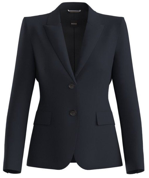 Tengerészkék zakó sima anyagból, bevágott hajtókával, két gombbal és két elöl található zsebbel, szabott szabású.