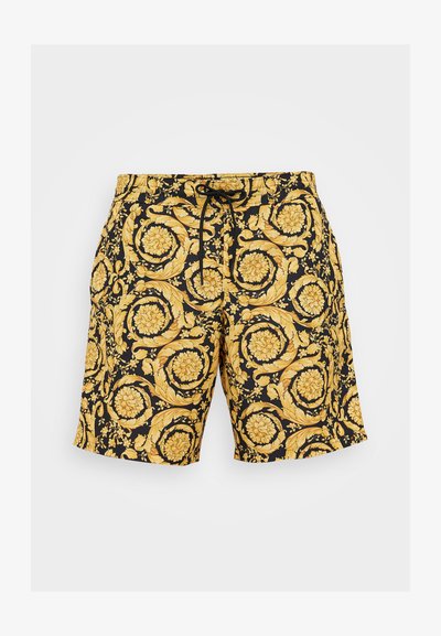 Čierne plavky s kvetinovým vzorom v žltej farbe a vírivými designmi, elastickým pásom a šnúrkou na prispôsobenie.