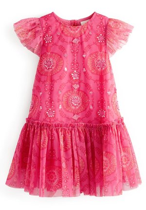 Robe rose vif pour tout-petit avec motifs floraux, manches courtes bouffantes en tulle, sequins et jupe froncée en bas.