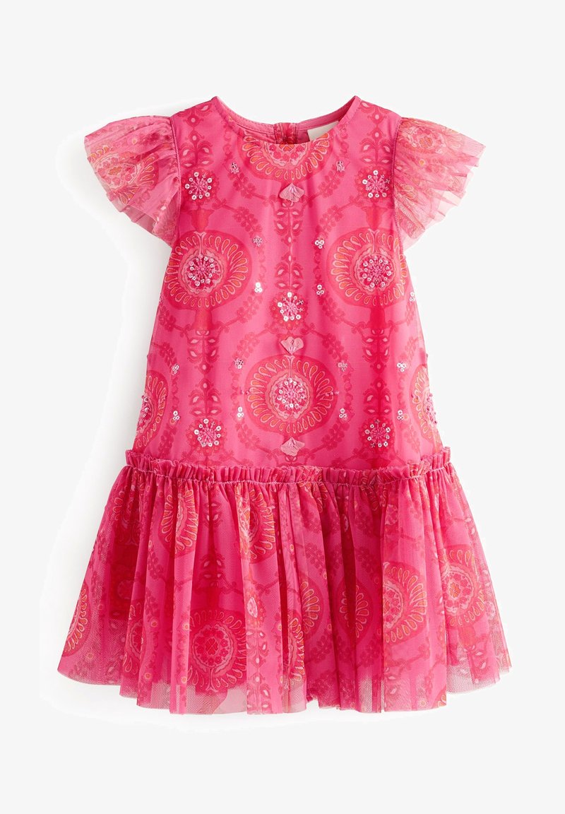 Robe rose vif pour tout-petit avec motifs floraux, manches courtes bouffantes en tulle, sequins et jupe froncée en bas.