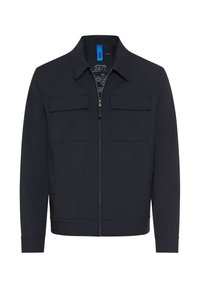 Marineblauwe jas met een rits aan de voorkant, twee borstzakken en een kraag. Gemaakt van gladde stof met een minimalistisch ontwerp en elastische manchetten.