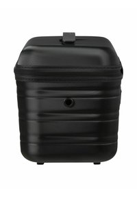 Custodia da viaggio rigida nera con superficie testurizzata, forma rettangolare, maniglia superiore e chiusura con zip. Presenta un ulteriore foro.