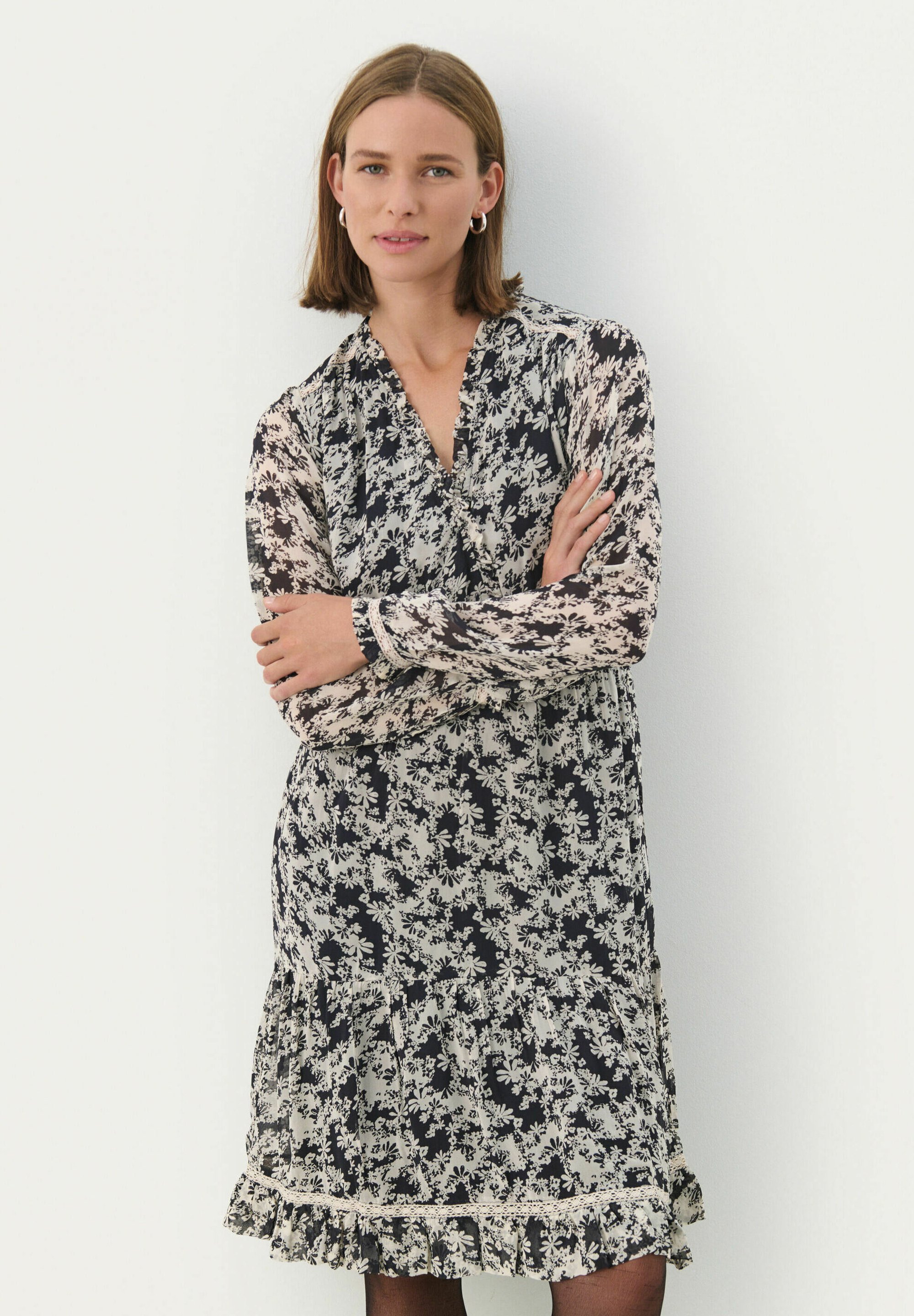 Part Two Day dress - dark navy contrast flower/mottled blue 