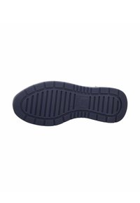 Shoe sole in dark navy rubber with a textured pattern, featuring grooves and sections for traction. Branding visible in the center.