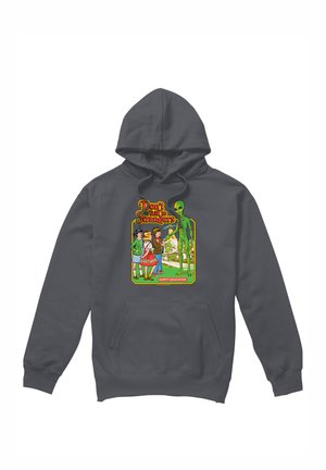 Dunkelgrauer Hoodie mit einem bunten Motiv, das drei Kinder zeigt, die einem grünen Außerirdischen gegenüberstehen, mit dem Text „Sprich nicht mit Fremden“ und „Sicherheitserziehung“.