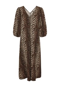 Vestido de estampado de leopardo con escote en V, mangas abullonadas y diseño hasta la rodilla. Presenta una silueta favorecedora en tonos de marrón y beige.