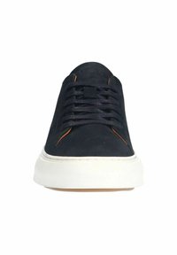 Men's navy suede sneakers with round toe, white rubber sole, and orange accents on lace area. Features flat laces and textured surface.