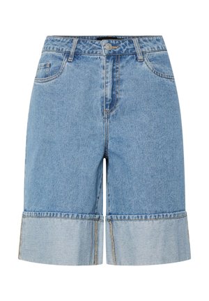 Lette blå denimbukser med oppbrett, med knappelukking, beltehemper og to frontlommer. Glatt tekstur og avslappet design.