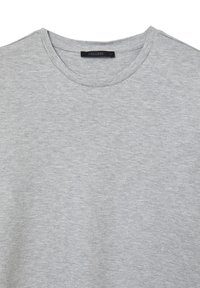 Maglietta grigia chiara a girocollo in un tessuto morbido e texturizzato. Presenta un aspetto leggermente melangiato e un'etichetta nera al colletto.