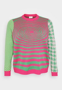 Knit sweater featuring a pink and green striped pattern. One sleeve in houndstooth design, with ribbed crew neckline and cuffs.