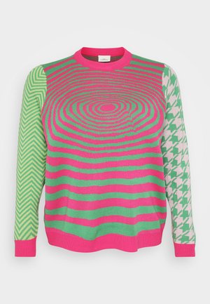 Knit sweater featuring a pink and green striped pattern. One sleeve in houndstooth design, with ribbed crew neckline and cuffs.