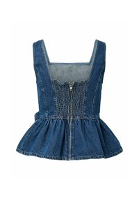 Denim mouwloze peplum top met vierkante halslijn, ritssluiting aan de voorkant en geplooide elastische details op de borst.