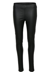Leggings de cuero sintético negro con una textura suave, cintura elástica y un ajuste ceñido. Sin costuras ni patrones visibles.