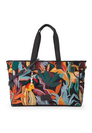 Borsa tote con manici neri, con foglie tropicali ricamate dai colori vivaci in arancione, verde, giallo e blu, con un charm nappina colorato.