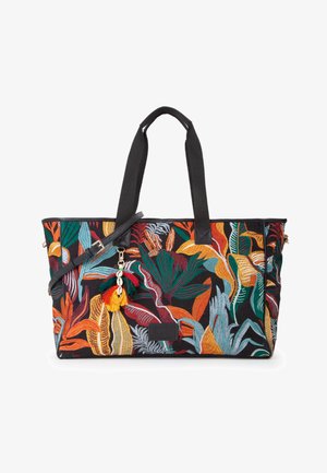 Sac fourre-tout avec poignées noires, orné de feuilles tropicales brodées aux couleurs vives en orange, vert, jaune et bleu, avec un pompon coloré.