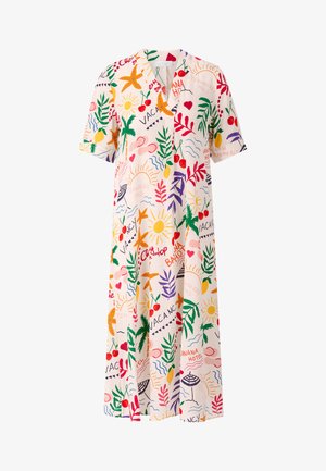 Abito a maniche corte, lungo fino al ginocchio, realizzato in tessuto leggero, che presenta grafiche colorate a tema vacanza, tra cui sole, piante e motivi da spiaggia.