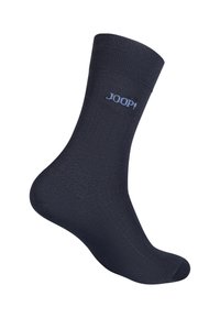 Calzino in cotone blu navy con texture a coste. Presenta il logo "JOOP!" in azzurro sul lato. Lunghezza fino al polpaccio, design elegante con dettagli minimi.