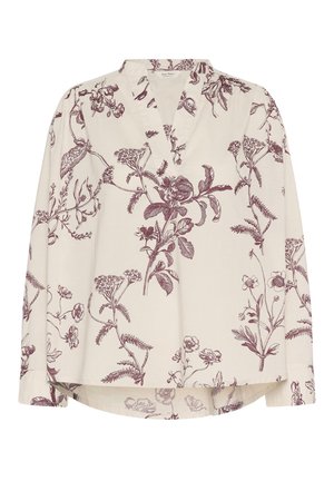 Long-sleeve blouse in light cream with burgundy floral print, v-neckline, relaxed fit, and slightly curved hem at the back.